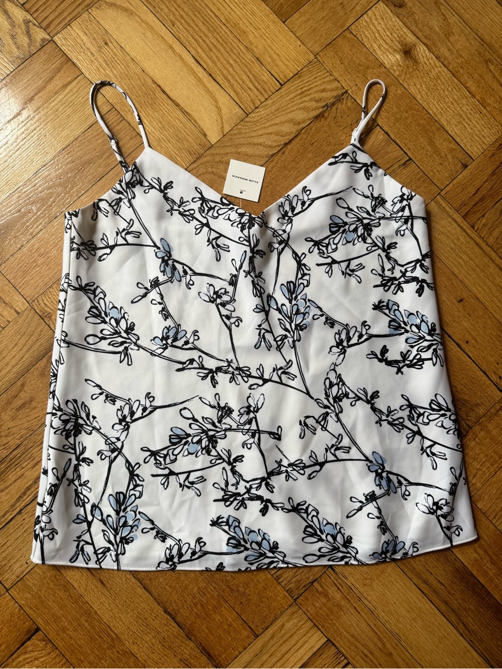 Club Monaco White Floral Print Camisole with Black Branch and Light Blue Accents
